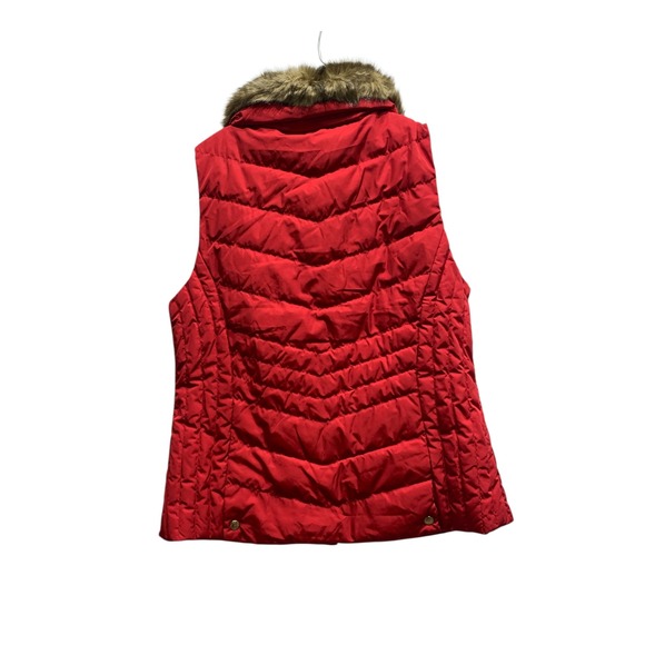 Talbots Red Quilted Puffer Vest Faux Fur Trim Zip Front Lightweight Warm Down - Picture 2 of 11